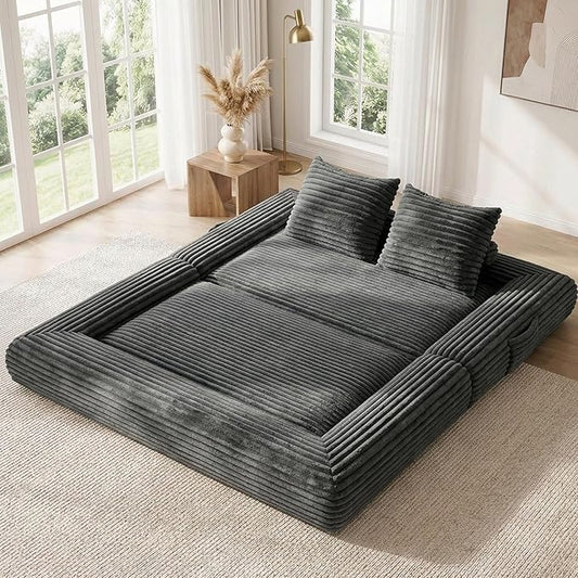 4-in-1 Convertible Folding Sofa Bed, 76 Inch Queen Size Foldable Sleeper Sofa Bed, Wide Corduroy Upholstery, Boneless Mattress Couch with Armrests & Neck Pillow for Living/Bedroom - Grey
