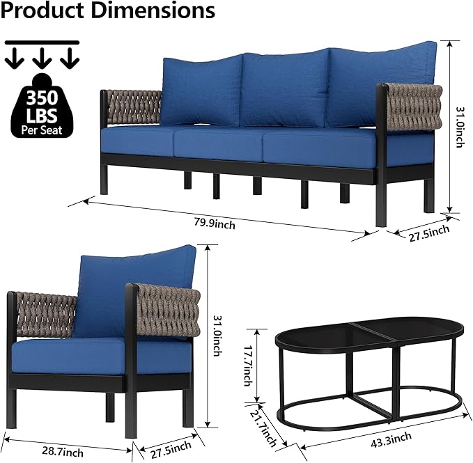 Aluminum Patio Furniture Set,5 Pieces HDPE Rope Patio Conversation Sets with Modular Coffee Table,Metal Outdoor Sectional Furniture w/5.9" Thick Cushions for Porch,Deck,Backyard,Navy Blue