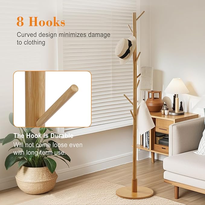 VECELO Coat Rack Freestanding, Entryway Hanger Stand, Umbrella Holder, Hall Tree With Hooks, Floor Standing Metal Tree Stand,Light Wood - Image 6