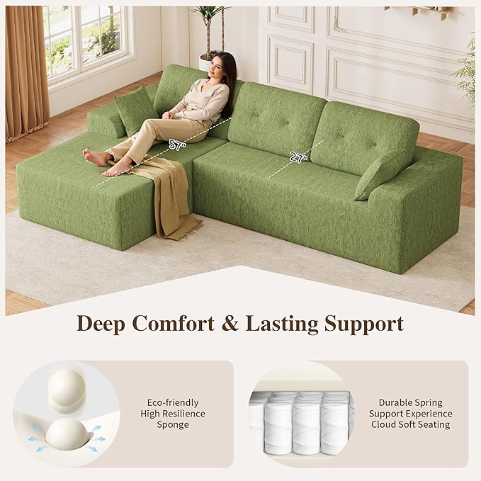 Ball & Cast 106" Boneless Sectional Sofa, Chenille Modular L Shaped Couch with Deep Seat Chaise, Cloud Style Oversized Sectional Couch for Living Room, No Assembly, Left Facing, Green