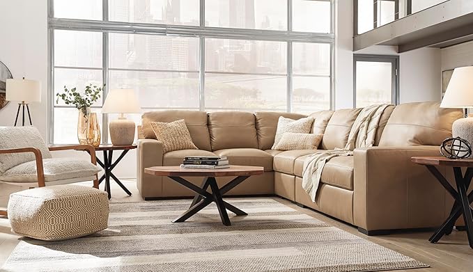Signature Design by Ashley Bandon Modern Leather Match Left-Arm Facing 3-Piece Sectional with Removable Cushions and Armrest, Light Brown