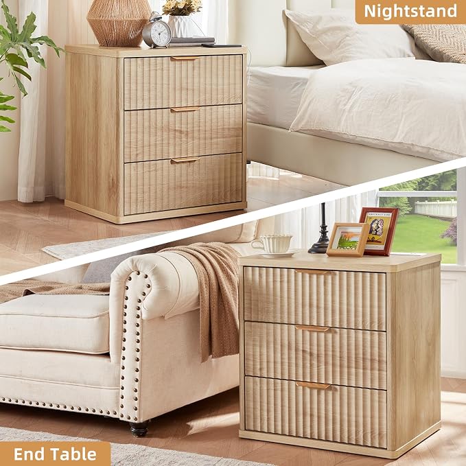 LEYAOYAO 23" Wide Fluted Farmhouse Night Stand Set of 2 with Charging Station, 3 Drawers Large End Table w/Metal Handle, Natural Nightstand Bedside Table,Wood Dresser for Bedroom, Closet - Image 6