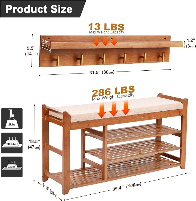 PETKABOO Hall Tree with Bench and Shoe Storage, Coat Rack Shoe Bench Set with Seat Cushion and 6 Hooks for Entryway, Hallway, Living Room and Bedroom - Image 3
