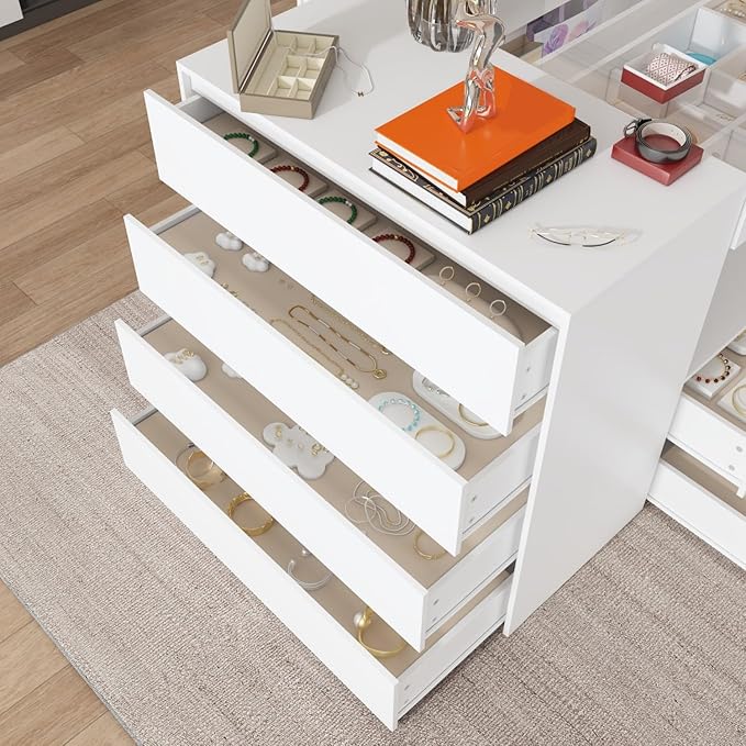 Armoire Bedroom Island Wardrobe Closet Island with 14 Drawers & Glass Tabletop, Island Dresser with Jewelry Organizer, Island for Bedroom Cloakroom White (63”W x 31.5”D x 31.5”H)
