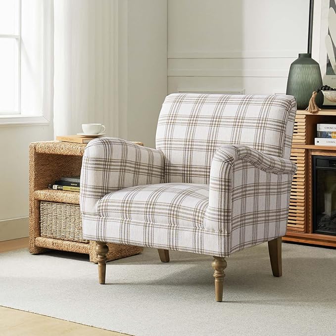 HULALA HOME Modern Accent Chair with Arms and Wooden Legs, Comfy Upholstered Armchair for Living Room, Bedroom (Plaid Pattern, Tan)