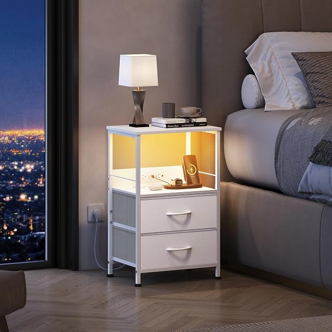 WLIVE White Night Stand Set of 2 with Charger Station, LED Nightstand with 2 Fabric Drawers and Storage Shelf, Bedside Tables with 3 USB Ports and 2 Outlets, Small Dresser for Bedroom,Small Space - Image 2