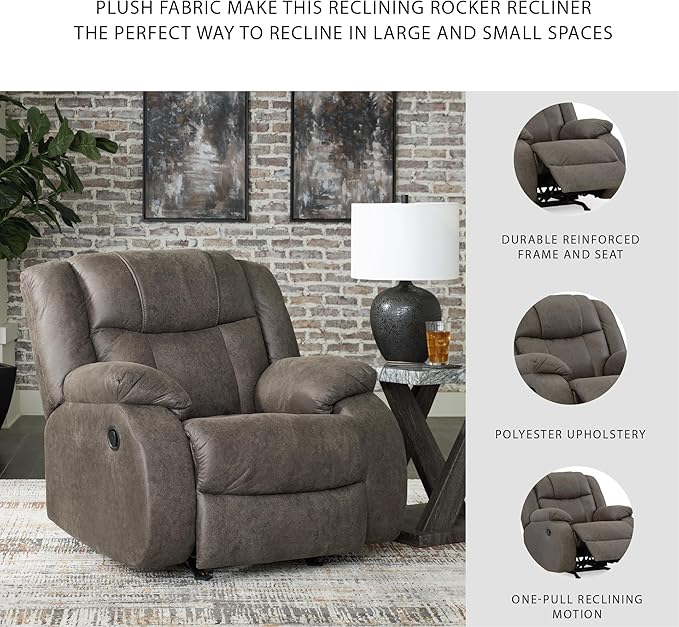 Signature Design by Ashley First Base Modern Faux Leather Rocker Recliner, Gray