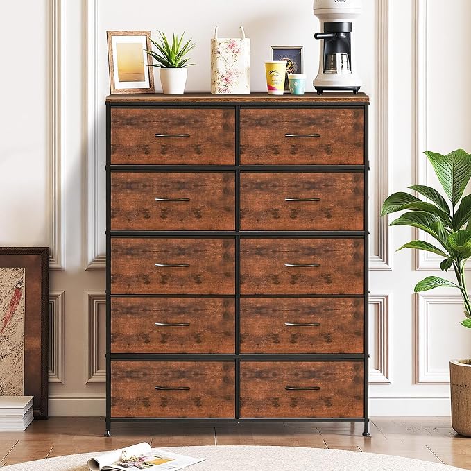 10-Drawer Dresser for Bedroom, Anti-Tip Tall Storage Organizer Chest of Drawers with Wooden Top and Metal Frame Fabric Bins for Closet, Living Room, Hallway, Entryway, Brown - Image 2