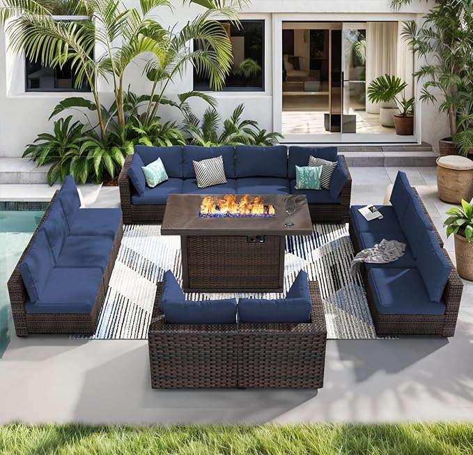 13 Piece Patio Furniture Set with Fire Pit Table All Weather PE Rattan Outdoor Sectional Sofa Couch with No-Slip Cushions for Garden, Poolside, Backyard (Blue)