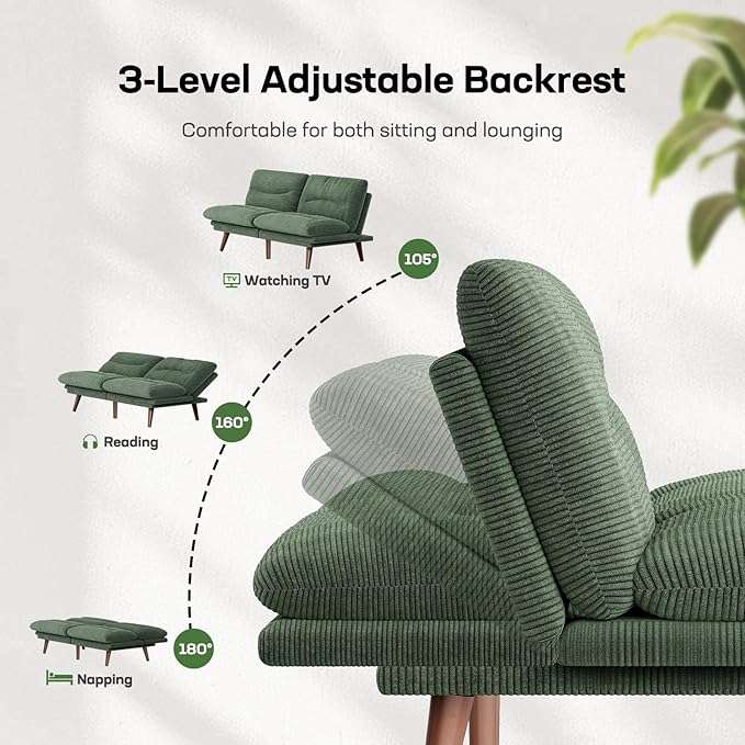Marsail Futon Sofa Bed, 66” Futon Couch with Adjustable Backrest & Armrests, Convertible Small Sleeper Sofa Bed for Small Apartments, Study Room, Office, Corduroy Loveseat, Olive Green