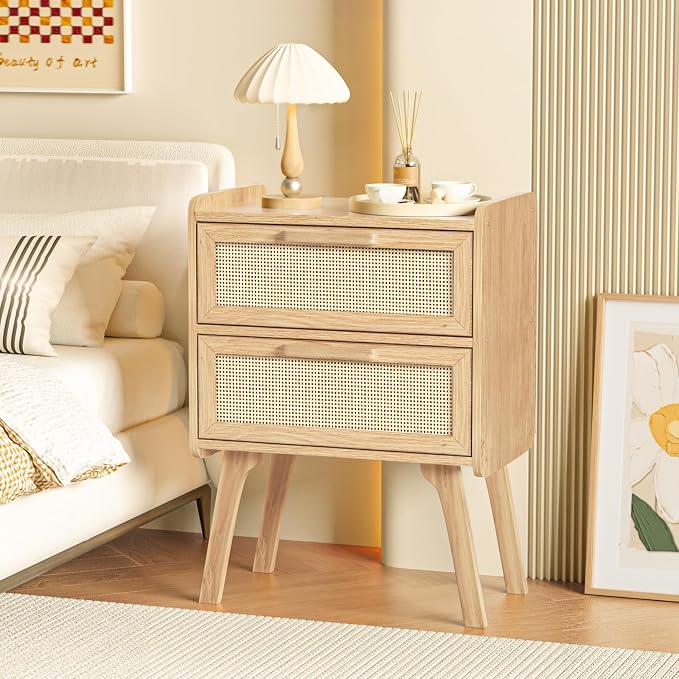 Lerliuo Rattan Nightstands Set of 2, Boho Night Stand with 2 Drawers, Cane Accent Side End Table, Bedside Table with Solid Wood Legs for Bedroom, Dorm and Small Spaces (Natural) - Image 7