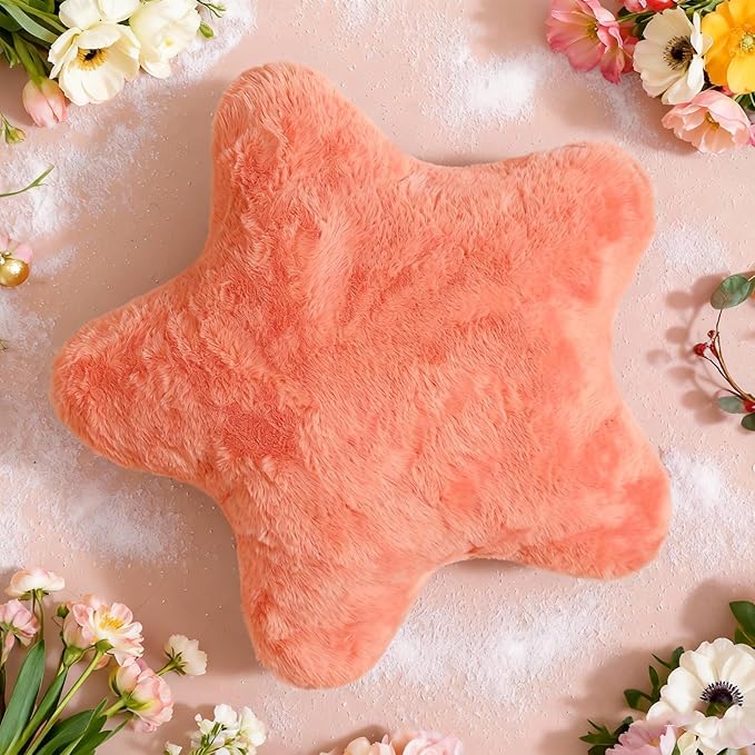 YRXRUS Star Pillows, Orange Star Shaped Pillow, Decorative Throw Pillow Gifts, Cute Plush Room Decor, Fluffy Faux Rabbit Fur 14"x14"Pillows for Living Bedroom