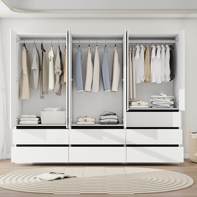 Armoire Wardrobe Closet with Drawers：75" Large White Wardrobe Closet Cabinet with 6 Doors for Hanging Clothes, Modern Wooden Bedroom Armoires with 7 Drawers and Storage (A+B+A, 94.5")