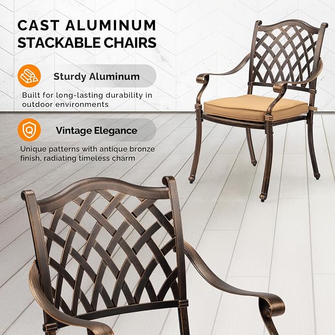 VINGLI Patio Chairs Set of 4- Stackable Outdoor Cast Aluminum Dining Chairs with Vintage Bronze Finish and Diamond Pattern, Metal Armchairs for Poolside, Backyard, Balcony (with Cushion) - Image 4