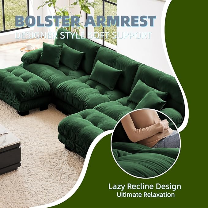 133.8" U-Shaped Cloud Couch, Oversized Modular Sectional Sofa, Deep Seat Cloud Boneless Couch, 3-Seat Modular Sectional Sofa with 2 Ottoman or Living Room,Bedroom and Apartment, Green
