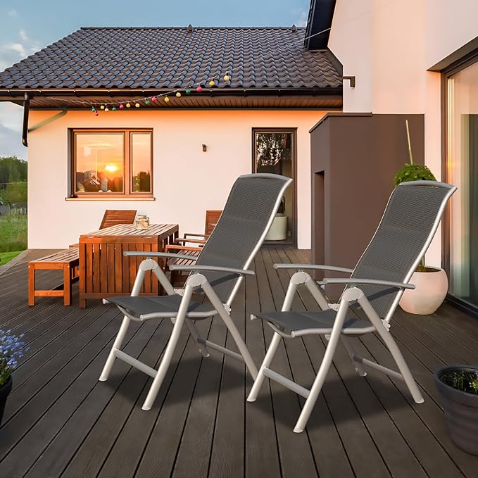 Domi Patio Folding Chairs Set of 2, Aluminium Frame Outdoor Reclining Patio Chairs for Garden Camping Poolside Beach Deck, Adjustable High Back Lawn Chairs with Soft Cotton-Padded Seat, Dark Gray - Image 3