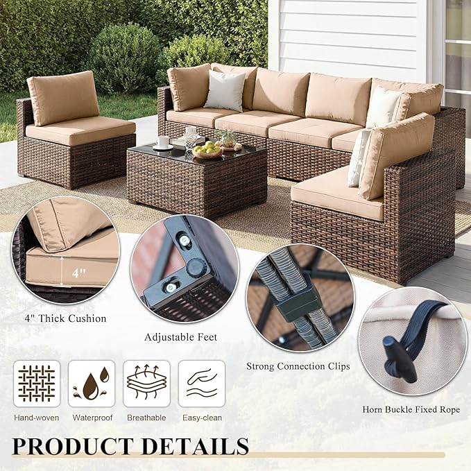 Patio Furniture Set 9 Piece All Weather PE Rattan Outdoor Sectional Sofa Couch with 8 x armless Sofa, No-Slip Cushions and Glass Top Table for Garden, Poolside, Backyard (Beige)