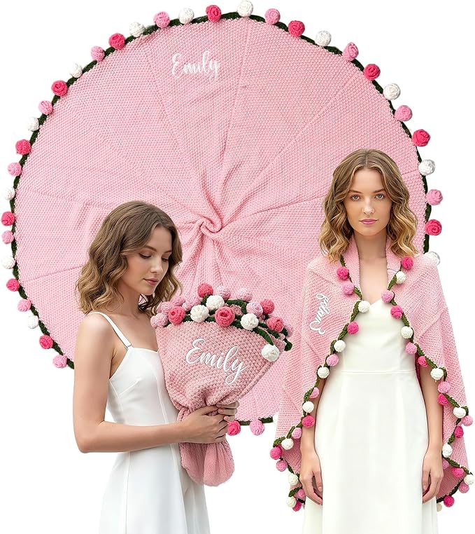 Personalized Handmade Crochet Rose Flower Blanket Bouquet – Custom Name Gift for Mother's Day, Valentine’s Day, Mom or Girlfriend（Pinkish White）