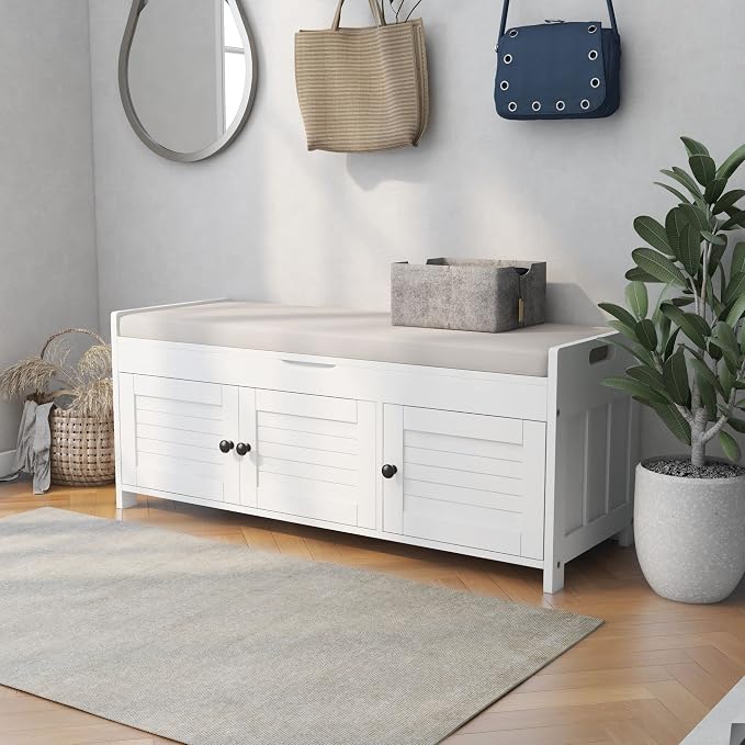 SOFTSEA Upholstered Storage Ottoman with Removable Cushion, Wooden Entryway Bench with 3 Shutter-Shaped Doors and Hidden Storage Space, Shoe Bech for Entreyway, Living Room, White with Beige Cushion - Image 3