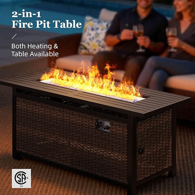 HERA'S HOUSE 8-Piece Outdoor Furniture Set with Fire Pit Table, Patio Conversation Set with 5.5" Thick Cushions & High Back Swivel Chairs, All-Weather Wicker Deep Seating Sofa with Ottomans, Beige