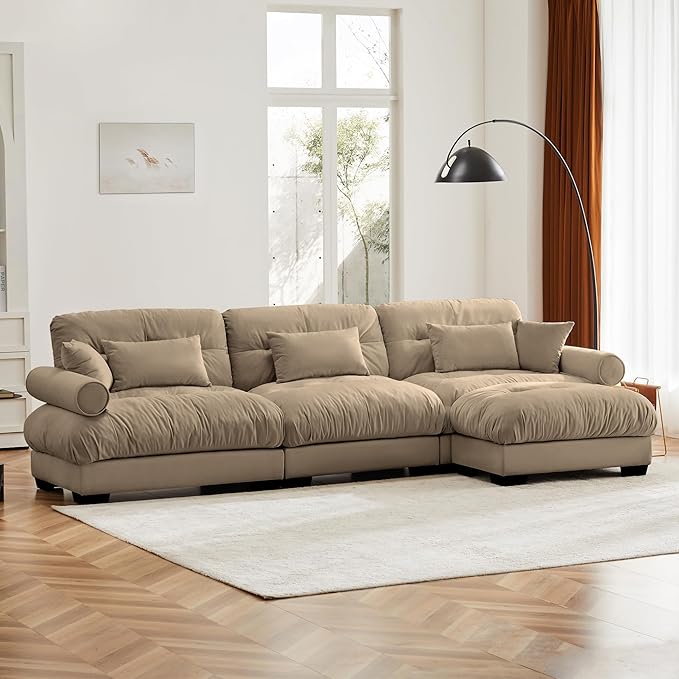 KEIKI 130" L-Shaped Oversized Velvet Modular Sectional Sofa with 1 Ottoman, High-Density Foam Cushions and Bolstered Armrests, Upholstered 3-Seater Cloud Couch with 5 Pillow, for Living Room, Camel