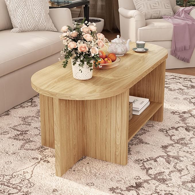 43.3" Coffee Table with Storage, Oval Coffee Tables for Living Room, Farmhouse Fluted Coffee Table with Large Storage Shelf, Wood Center Table for Small Space, Natural