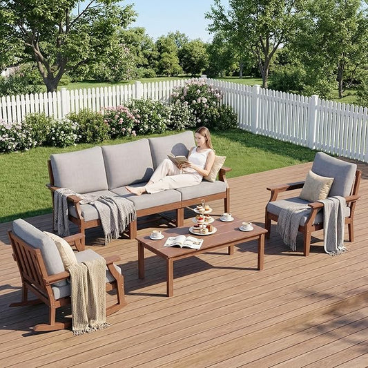 HDPE Patio Conversation Set, 6-Piece All Weather Outdoor Furniture Set with 1 Single Rocking Armchairs for Deck, Lawn, with Cushion, Brown
