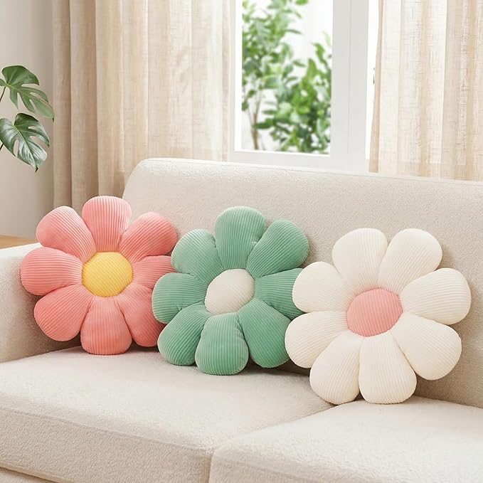 2 Pcs Sage Green Throw Pillow Decorative Flower Pillows for Room Decor, 15" Cute Aesthetic Flower Daisy Shaped Throw Pillows for Bedroom Bed Couch Chair Classroom (White+Green, 15.35 Inch)