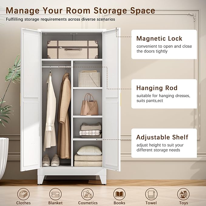 71" Tall Metal Armoire Wardrobe Closet, Clothing Storage Cabinet, Freestanding Wardrobe Cabinet with 4 Adjustable Shelves for Bedroom, Office, Garage