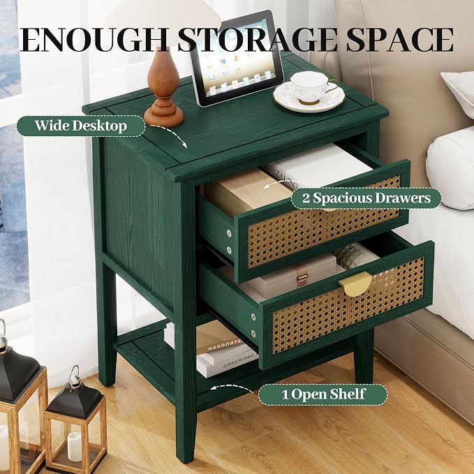 Green Rattan Nightstand with 2 Drawers & 1 Open Storage Shelf, Boho Bedside Table with Golden Semi-Circular Handles & Solid Wood Legs, Narrow Wood Side Table for Bedroom, 1 PC - Image 3