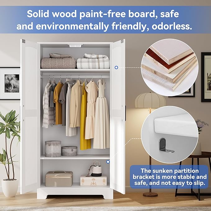 Wooden Armoire Wardrobe Closet, Wardrobe Cabinet with Door and Shelves, Freestanding Bedroom Armoires Clothing Storage Cabinet with Hanging Rod for Bedroom, Laundry Room, Cloak Room（White）