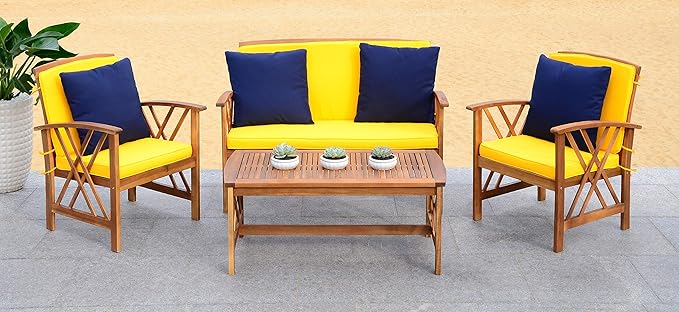 SAFAVIEH Outdoor Collection Fontana Natural/ Yellow Cushions/ Navy Pillows 4-Piece Conversation Patio Set