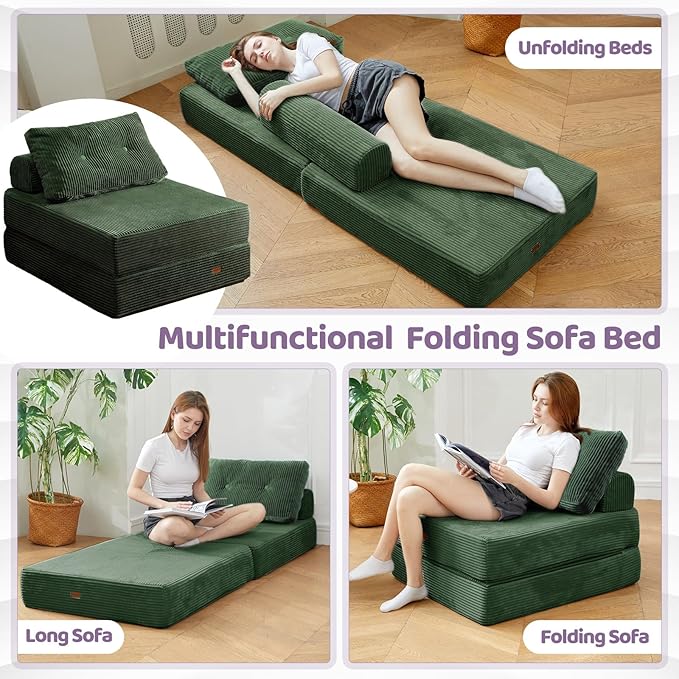 Folding Sofa Bed,3-in-1 Convertible Sleeper Chair Corduroy High-Density Foam with Pillow,Fold Out Chair Bed,Foldable Single Futon Chair for Living Room、Hotel,Single, Emerald Green