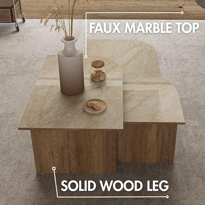 Set of 3 Nesting Coffee Tables, Modern Faux Marble Look Top Coffee Table Set with Wood Base, Versatile Stacking Accent Tables for Living Room, Small Spaces