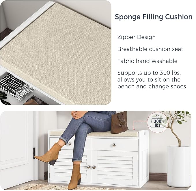 WARMHONIU Shoe Storage Bench with 2 Drawers, Entryway Bench with Cushion, Adjustable Shelves, Shoe Rack Bench with Louvered Doors for Entryway, Bedroom, Hallway, White - Image 6