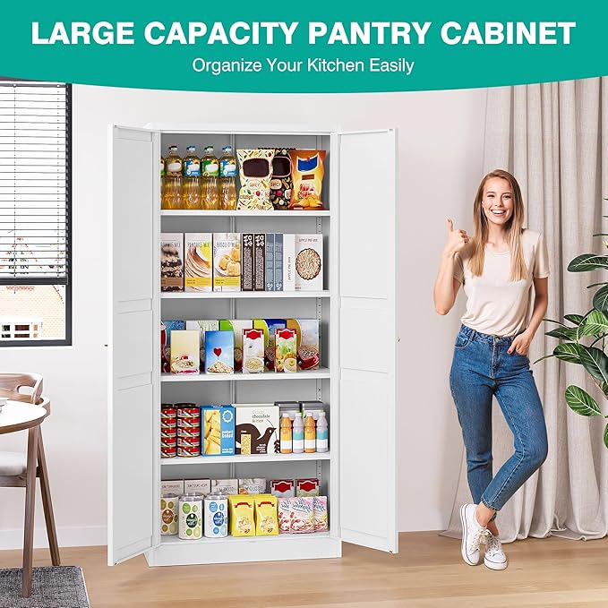 SISESOL 71" Tall Pantry Cabinet with 2 Doors and 5 Shelves,Kitchen Pantry Storage Cabinets,White Metal Storage Cabinet,Wide Deep Food Cupboard for Home,Kitchen,Dining/Living Room