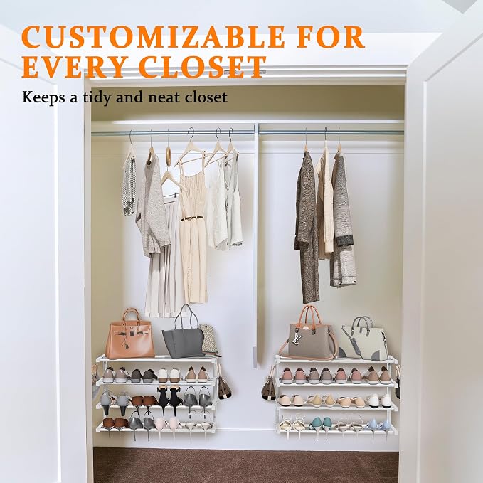 3 Pack Wall Mounted Shoe Rack, 4 Tier Hanging Shoe Rack Holds 48 Pairs, 17"-30" Adjustable Heavy Duty Wall Shoe Shelf with 6 Storage Hooks, Space Saving for Closet Entryway, White - Image 4