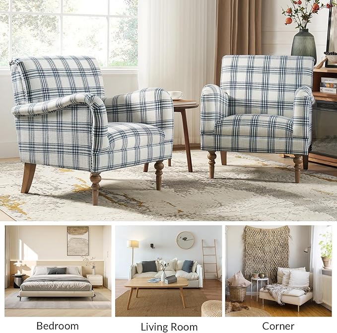 HULALA HOME Modern Accent Chair with Arms and Wooden Legs, Comfy Upholstered Armchair for Living Room, Bedroom (Plaid Pattern, Navy)