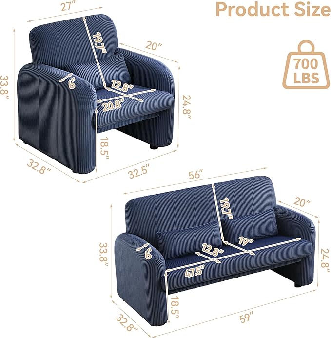 WUTUTUEE Corduroy Accent Living Room Sets, Modern Upholstered Love Seat with 2 Accent Chairs, Wide Comfy Leisure Chair Sets for Bedroom, Office, Blue