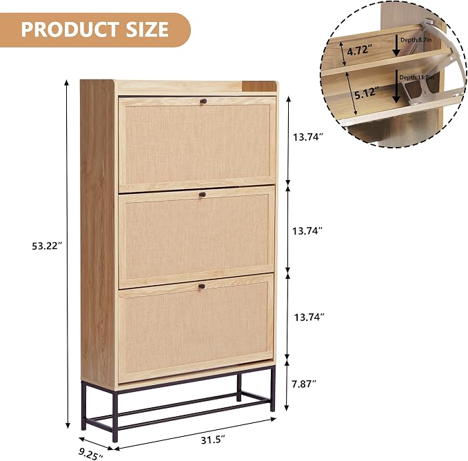 AVZEAR Narrow Shoe Storage Cabinet with 3 Flip Drawers, Freestanding Shoe Organizer Wooden Closed Shoe Rack, Slim Shoe Cabinet Storage for Entryway, Hallway, Living Room (Natural) - Image 2