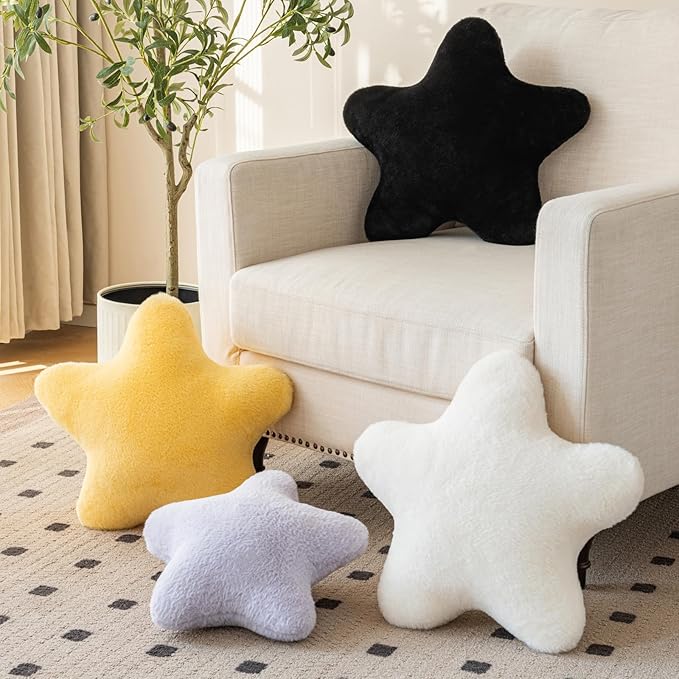 Star Pillow, Decorative Throw Pillow with Plush for Couch, Cute Decor Pillows for Bed, Aesthetic Star Shaped Pillow Fun Cushion for Sofa Living Room (Black, 14.9 Inches)