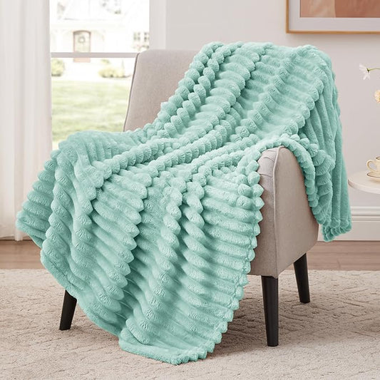 EXQ Home Fleece Throw Blanket for Couch or Bed - 3D Stripe Jacquard Decorative Blankets - Cozy Soft Lightweight Fuzzy Flannel Blanket Suitable for All Seasons(50"??60",Cyan-Blue)