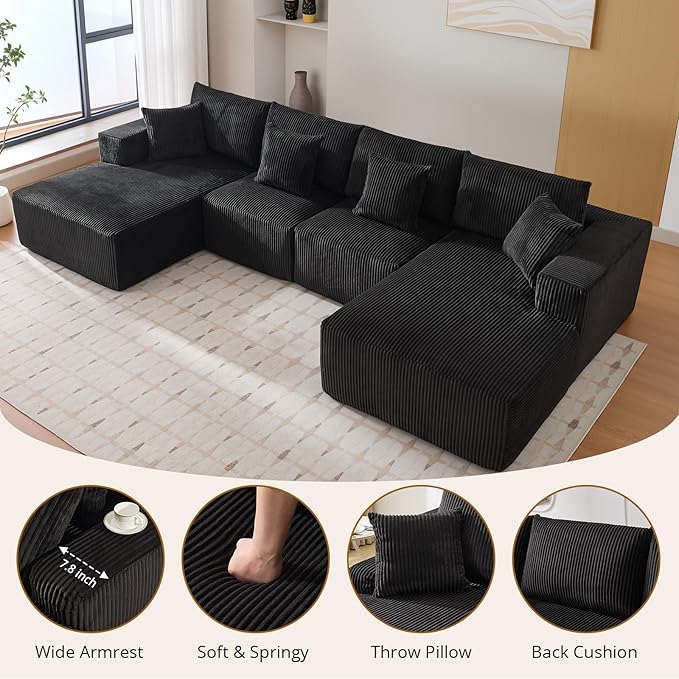 Cloud Boneless Couch 137" Modern Sectional U-Shaped Comfy No Assembly Required Convertible Compression Sleeper Modular Sofa with Corduroy Fabric Deep Seat Single + Chaise for Living Room