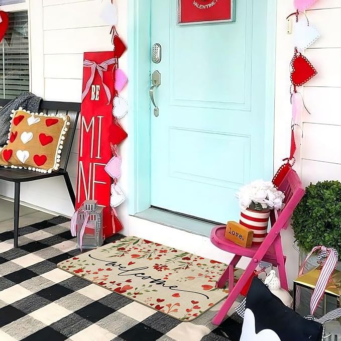Faptoena Valentines Door Mat,Valentines Red Love Heart Floral Indoor Outdoor Non-Slip Doormat,Entryway Front Porch Valentine's Welcome Mat for Entrance Decor 30" x 17" - Image 5