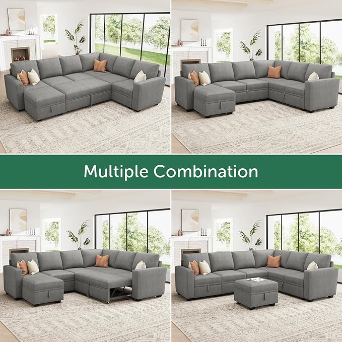 HONBAY Modular Sectional Sleeper Sofa with Pull Out Bed, Chenille Sectional Couch with Storage Seats Ottoman, U Shaped Couches for Living Room, Warm Grey