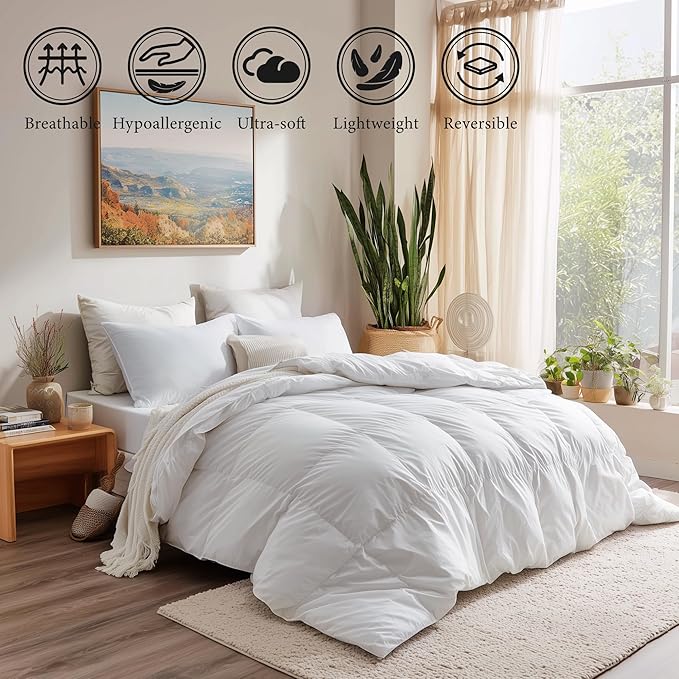 SANSWAN Queen Size Winter Goose Down Feather Comforter, Breathable Heavyweight Hotel Duvet Insert, 100% Organic Cotton Cover, Ultra Soft & Warm, 90x90 Inch, White