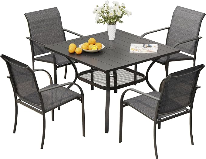 VICLLAX Outdoor Dining Set for 4, Patio Furniture Set of 4 Patio Stackable Dining Chairs and Outdoor Metal Square Table with Umbrella Hole for Backyard Lawn Garden, Dark Grey Chairs and Black Table by HOME