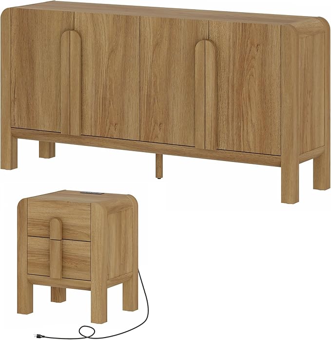 WAMPAT 2 Piece Bedroom Set, Modern 63" Wide Dresser Cabinet and Nightstand Set with Charging Station,Wood Storage Closet Chest with Curved Profile Handles for Bedroom,Light Walnut