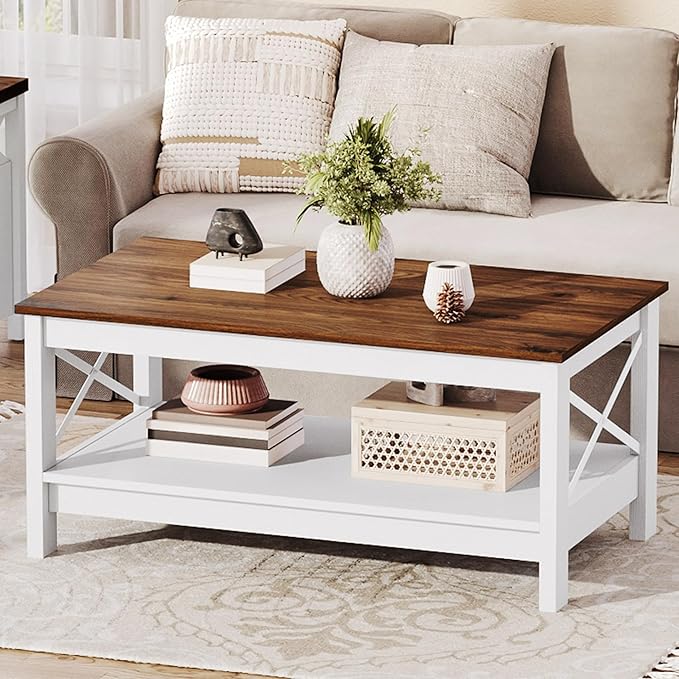 DWVO Rectangle Coffee Tables for Living Room Storage Table Wood Coffee Table with Thicker Legs 2 Tier Modern Coffee Table Center Table for Living Room, Brown