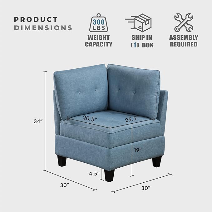 Lexicon Modern Modular Corner Chair with Hidden Storage, Textured Fabric with Button-Tufted Design, Reversible Back Cushion for Living Room/Bedroom/Office, Blue